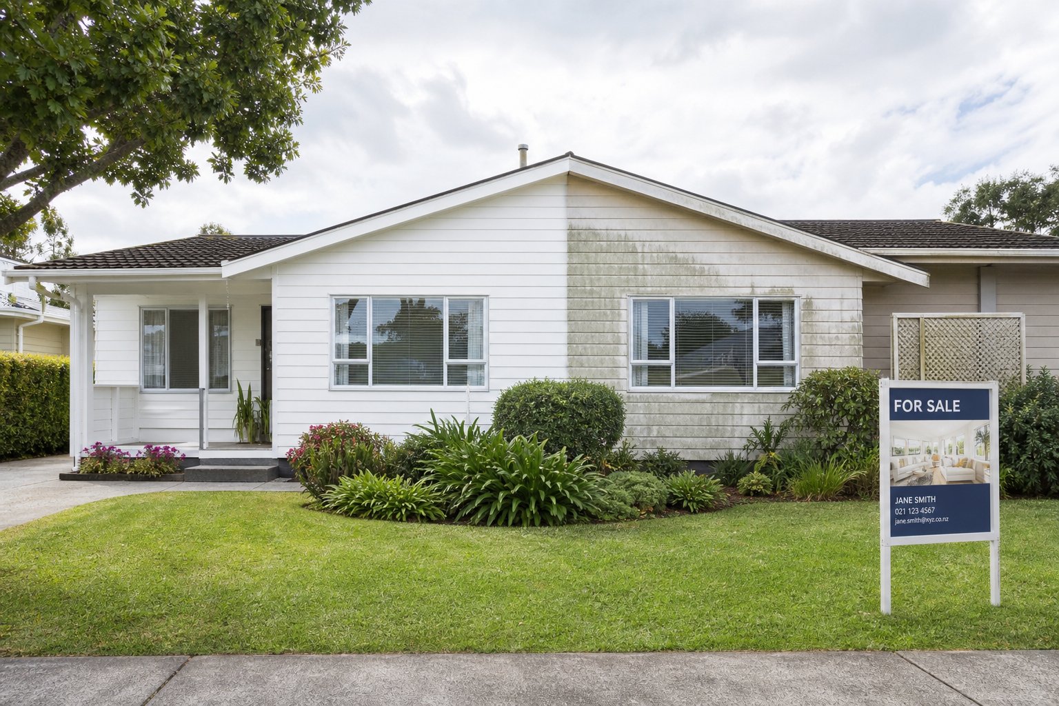 Auckland home with For Sale sign showing clean exterior after professional pre-sale house washing — Essential Water Blasting